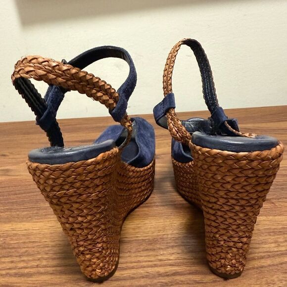 Schultz Poppi Navy Suede Leather Rattan Wedge Ankle Strap Sandal. Size 6B. - Picture 4 of 7